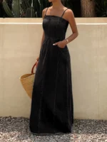 Women's Charcoal Black Washed Denim Spaghetti Strap Maxi Dress Square Neck Sleeveless Long Dress, Boho Vacation Casual Effortless Chic Raw Hem Frayed Cami Dress, Christmas Gift, Beach Vacation Daily Street Travel Date Shopping Wear - Image 5