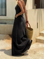 Women's Charcoal Black Washed Denim Spaghetti Strap Maxi Dress Square Neck Sleeveless Long Dress, Boho Vacation Casual Effortless Chic Raw Hem Frayed Cami Dress, Christmas Gift, Beach Vacation Daily Street Travel Date Shopping Wear - Image 4