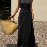 Women's Charcoal Black Washed Denim Spaghetti Strap Maxi Dress Square Neck Sleeveless Long Dress, Boho Vacation Casual Effortless Chic Raw Hem Frayed Cami Dress,  Christmas Gift, Beach Vacation Daily Street Travel Date Shopping Wear