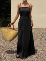 Women's Charcoal Black Washed Denim Spaghetti Strap Maxi Dress Square Neck Sleeveless Long Dress, Boho Vacation Casual Effortless Chic Raw Hem Frayed Cami Dress, Christmas Gift, Beach Vacation Daily Street Travel Date Shopping Wear