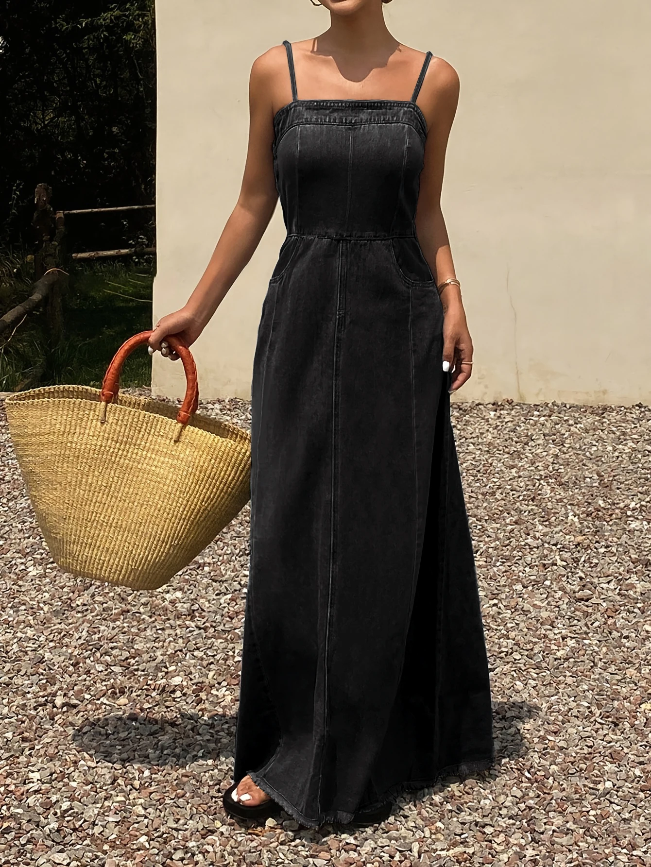 A6f3af77dfb58430a828002abd67890edf.webp Women's Charcoal Black Washed Denim Spaghetti Strap Maxi Dress Square Neck Sleeveless Long Dress, Boho Vacation Casual Effortless Chic Raw Hem Frayed Cami Dress, Christmas Gift, Beach Vacation Daily Street Travel Date Shopping Wear - Image 1