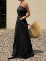 Women's Charcoal Black Washed Denim Spaghetti Strap Maxi Dress Square Neck Sleeveless Long Dress, Boho Vacation Casual Effortless Chic Raw Hem Frayed Cami Dress, Christmas Gift, Beach Vacation Daily Street Travel Date Shopping Wear - Image 6