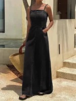 Women's Charcoal Black Washed Denim Spaghetti Strap Maxi Dress Square Neck Sleeveless Long Dress, Boho Vacation Casual Effortless Chic Raw Hem Frayed Cami Dress, Christmas Gift, Beach Vacation Daily Street Travel Date Shopping Wear - Image 8