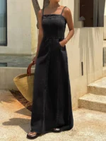 Women's Charcoal Black Washed Denim Spaghetti Strap Maxi Dress Square Neck Sleeveless Long Dress, Boho Vacation Casual Effortless Chic Raw Hem Frayed Cami Dress, Christmas Gift, Beach Vacation Daily Street Travel Date Shopping Wear - Image 2