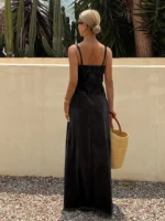 Women's Charcoal Black Washed Denim Spaghetti Strap Maxi Dress Square Neck Sleeveless Long Dress, Boho Vacation Casual Effortless Chic Raw Hem Frayed Cami Dress, Christmas Gift, Beach Vacation Daily Street Travel Date Shopping Wear - Image 3