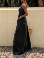 Women's Charcoal Black Washed Denim Spaghetti Strap Maxi Dress Square Neck Sleeveless Long Dress, Boho Vacation Casual Effortless Chic Raw Hem Frayed Cami Dress, Christmas Gift, Beach Vacation Daily Street Travel Date Shopping Wear - Image 7