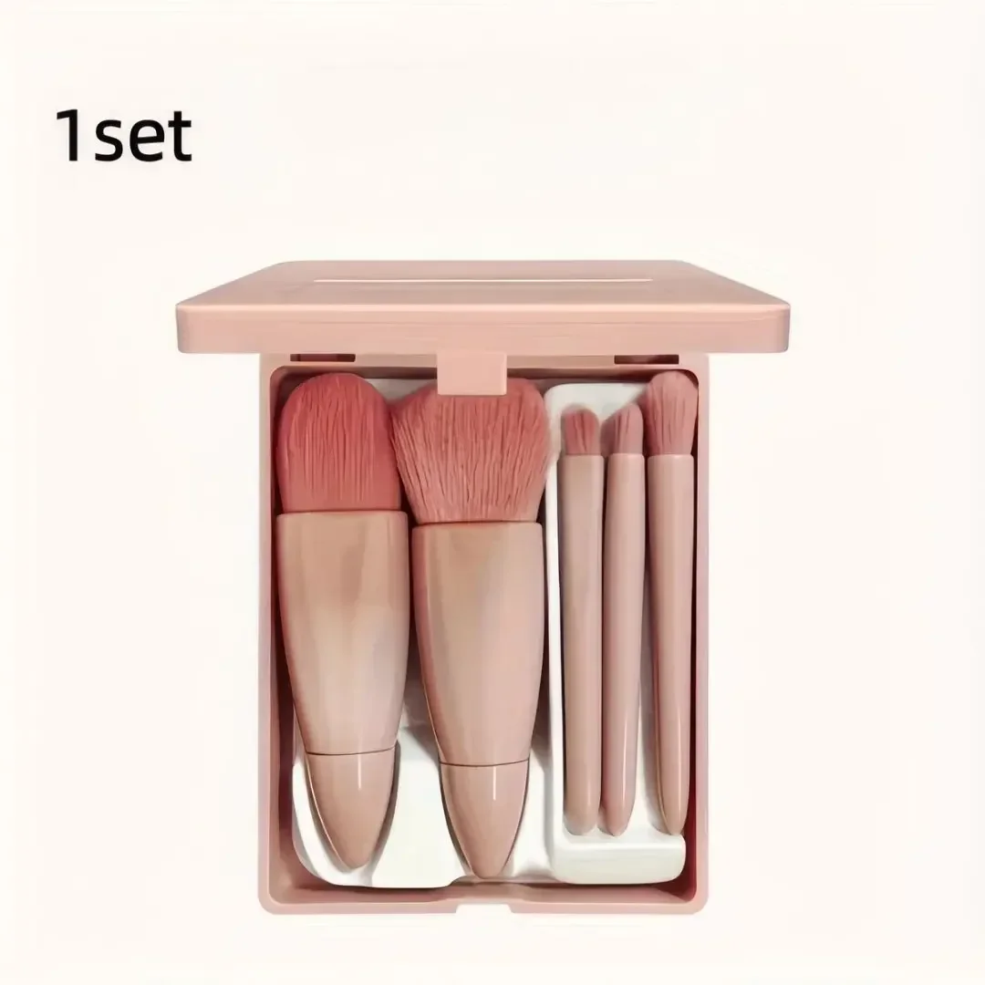 S1242ee4299844478be113f77925a056eW.webp 5Pcs Mini Pink Makeup Brush Set with Built-in Mirror, Soft Synthetic Bristles Gentle on Skin Portable Travel Size for Daily Makeup On-the-Go Touch-ups Home Travel Women Makeup Lovers Beginners Blush Eyeshadow Foundation Brushes Cosmetic Beauty Tool Kit - Image 1