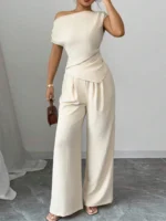 Elegant Pure Color Ladies Asymmetric Top And Wide Leg Pants 2-Piece Set for Commuting Casual Vacations Fashionable New Arrival - Image 2