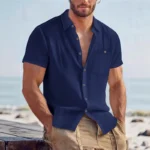Men's Linen Blend Short Sleeve Button Down Shirt Casual Beach Top with Chest Pocket Breathable Lightweight Summer Shirts for Men - Image 7