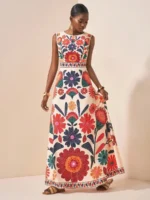 Women Floral Embroidery Maxi Dress Sleeveless Round Neck A-Line Long Dress Summer Beach Wedding Guest Holiday Party Dresses - Image 2