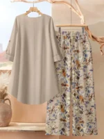 Women Round Neck Long Sleeve Plain Top And Floral Printed Wide Leg Pants For Casual Resort Vacation And Daily Occasion - Image 3