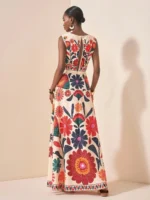 Women Floral Embroidery Maxi Dress Sleeveless Round Neck A-Line Long Dress Summer Beach Wedding Guest Holiday Party Dresses - Image 4