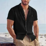 Men's Linen Blend Short Sleeve Button Down Shirt Casual Beach Top with Chest Pocket Breathable Lightweight Summer Shirts for Men - Image 12