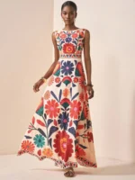 Women Floral Embroidery Maxi Dress Sleeveless Round Neck A-Line Long Dress Summer Beach Wedding Guest Holiday Party Dresses - Image 3