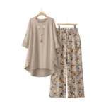 Women Round Neck Long Sleeve Plain Top And Floral Printed Wide Leg Pants For Casual Resort Vacation And Daily Occasion - Image 4