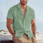 Men's Linen Blend Short Sleeve Button Down Shirt Casual Beach Top with Chest Pocket Breathable Lightweight Summer Shirts for Men - Image 9