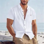 Men's Linen Blend Short Sleeve Button Down Shirt Casual Beach Top with Chest Pocket Breathable Lightweight Summer Shirts for Men - Image 10