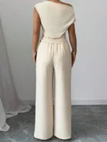 Elegant Pure Color Ladies Asymmetric Top And Wide Leg Pants 2-Piece Set for Commuting Casual Vacations Fashionable New Arrival - Image 5