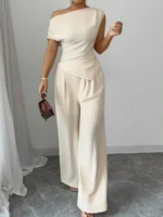 Elegant Pure Color Ladies Asymmetric Top And Wide Leg Pants 2-Piece Set for Commuting Casual Vacations Fashionable New Arrival - Image 3