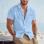 Men's Linen Blend Short Sleeve Button Down Shirt Casual Beach Top with Chest Pocket Breathable Lightweight Summer Shirts for Men - Image 8