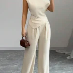 Elegant Pure Color Ladies Asymmetric Top And Wide Leg Pants 2-Piece Set for Commuting Casual Vacations Fashionable New Arrival
