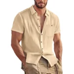 Men's Linen Blend Short Sleeve Button Down Shirt Casual Beach Top with Chest Pocket Breathable Lightweight Summer Shirts for Men - Image 2