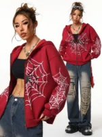 2026 Y2K Spider Web Print Unisex Zip Up Hoodie| Oversized Loose Fit for Men & Women, All Seasons