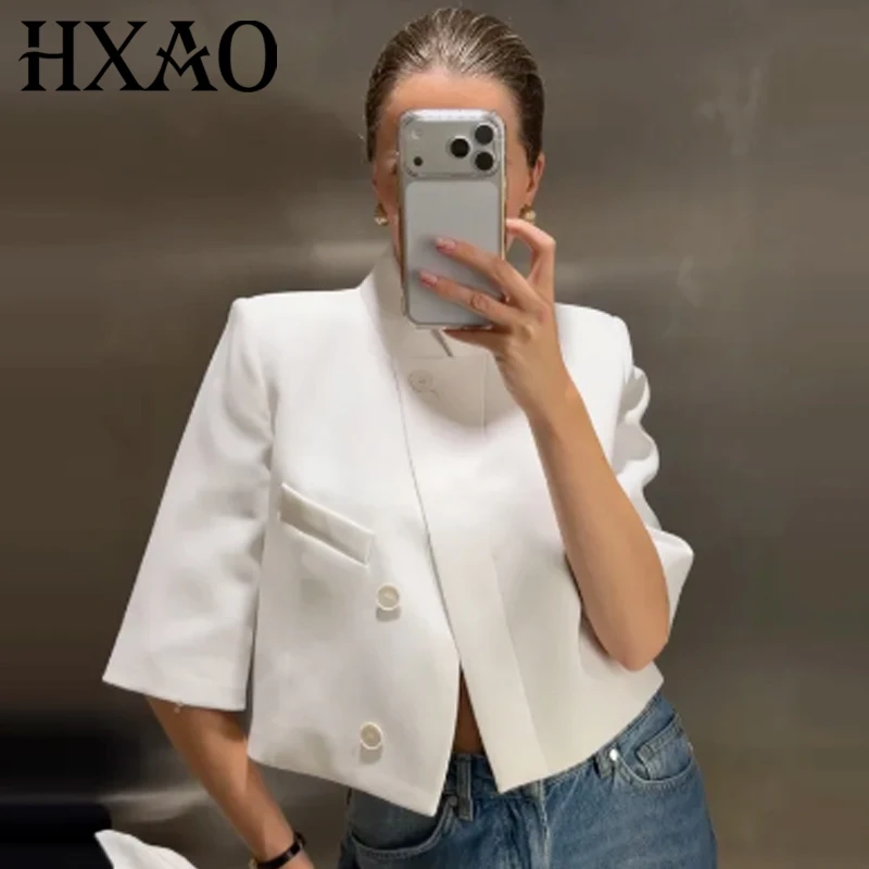Sb1b95c379d514e71a1b7bf85e959f63cr.webp HXAO Asymmetric Crop White Blazer Woman Summer 2026 Office Wear Woman Elegant Button Short Sleeve Outerwear Fashion Suit Jacket - Image 1