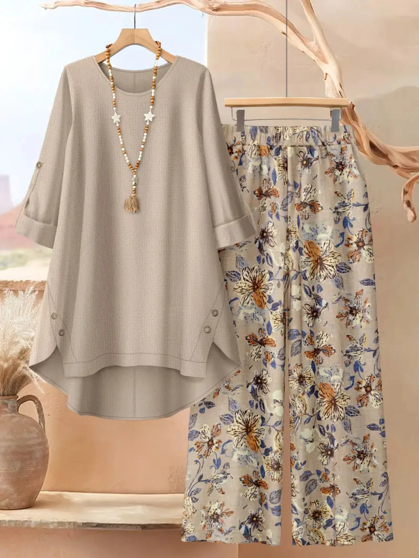 Sc5d79ccff595455686e84dbbfae1b5ccN.webp Women Round Neck Long Sleeve Plain Top And Floral Printed Wide Leg Pants For Casual Resort Vacation And Daily Occasion - Image 1