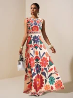 Women Floral Embroidery Maxi Dress Sleeveless Round Neck A-Line Long Dress Summer Beach Wedding Guest Holiday Party Dresses