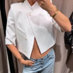 HXAO Asymmetric Crop White Blazer Woman Summer 2026 Office Wear Woman Elegant Button Short Sleeve Outerwear Fashion Suit Jacket - Image 6