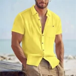 Men's Linen Blend Short Sleeve Button Down Shirt Casual Beach Top with Chest Pocket Breathable Lightweight Summer Shirts for Men - Image 11